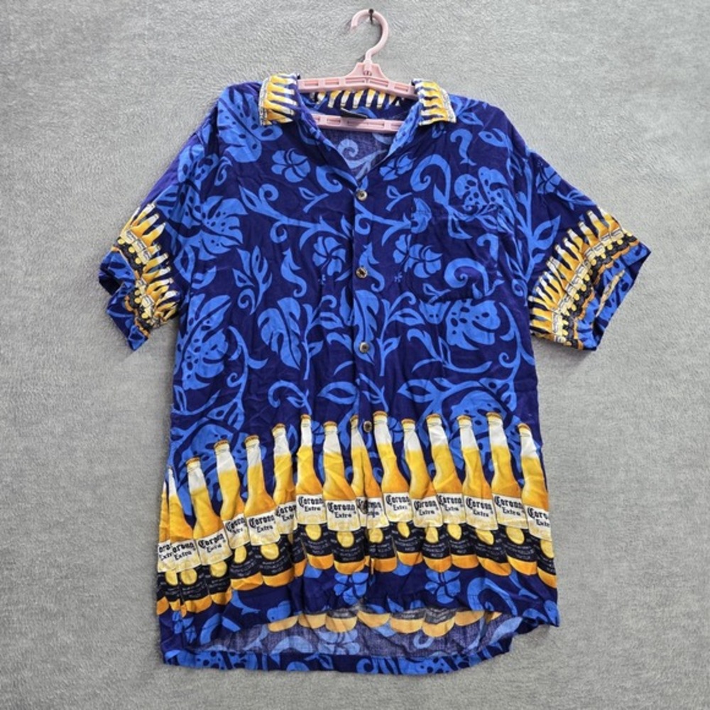 Corona Extra Men Button Up Shirt XL Blue Hawaiian Floral Beer Short Sleeve‎